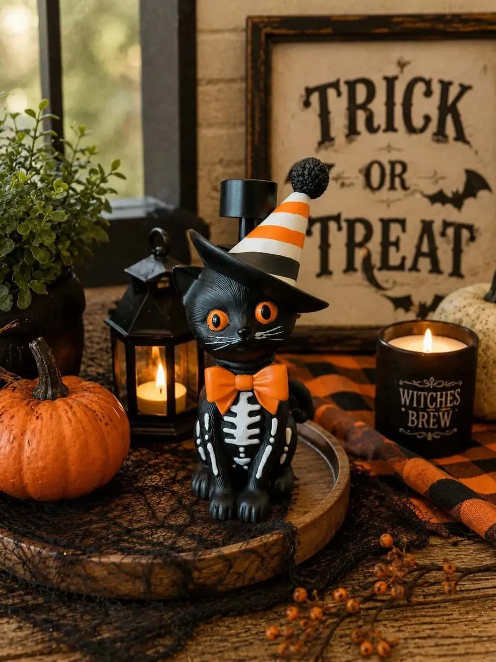 New Black Cat Skeleton With Orange Witch Hat Halloween Soap Dispenser Spooky